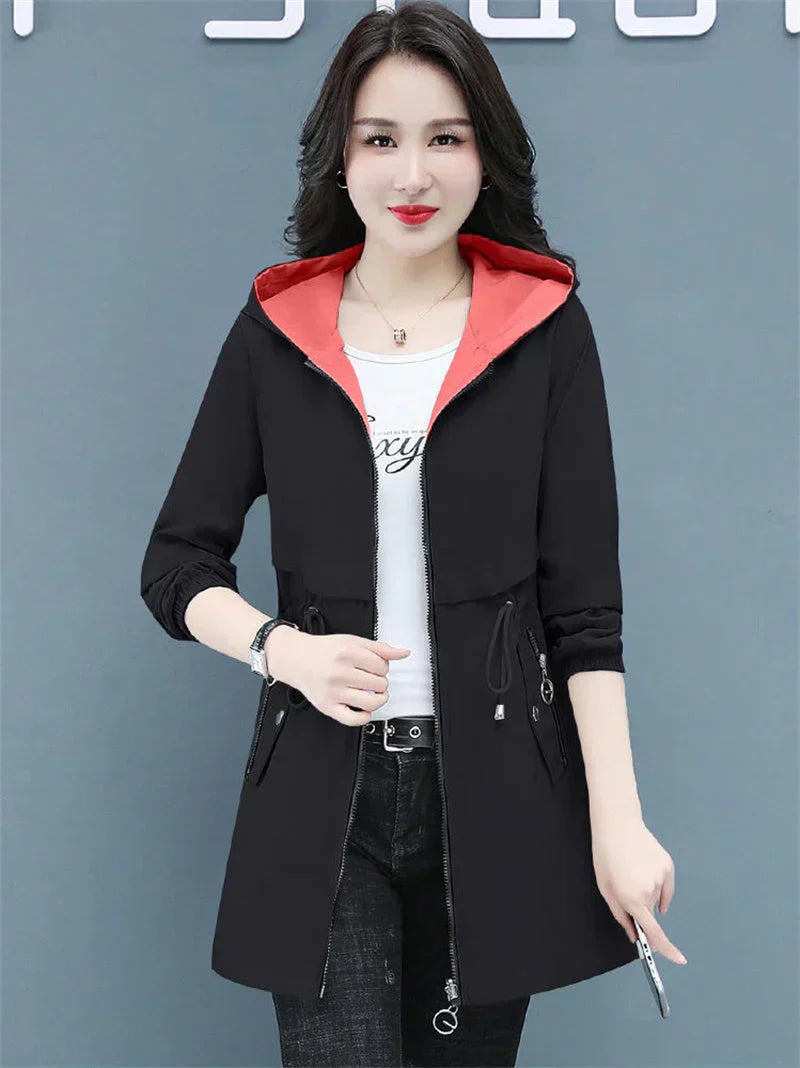 Street-Wave Windbreaker Coat For Women Hooded With Drawstring Waist Windproof All Season Jacket
