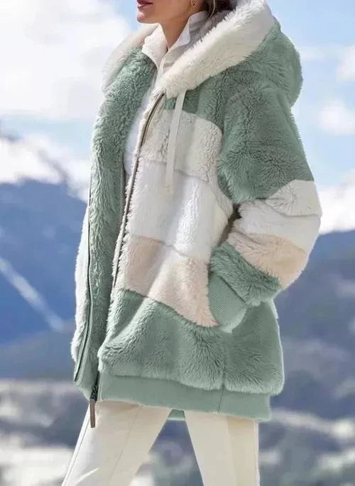 Street-Wave Womens Faux Fur Hooded Jacket - Warm Comfort And Colorblock Design Cozy
