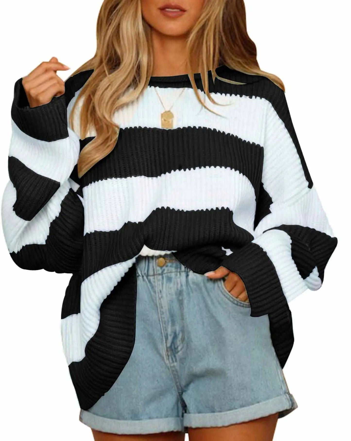 Street-wave Oversized Striped Knit Sweater for Women Cozy Soft Comfort Everyday Wear