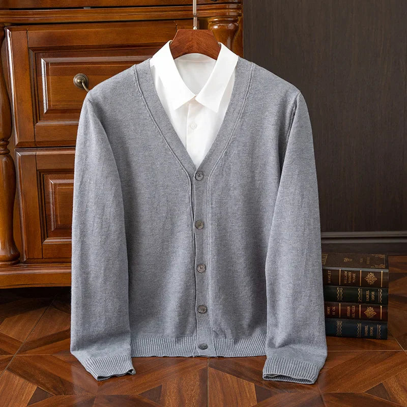 Street-Wave William Heritage Grey Cashmere Wool Blend Cardigan For Men With V Neck And Relaxed Fit