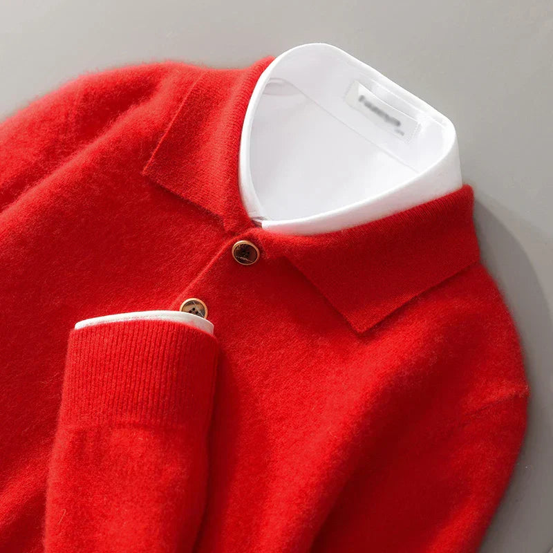 Nordisk Flair Mens Pullover Sweatshirt Wool Knit Relaxed Fit Polo Collar Button Detail
