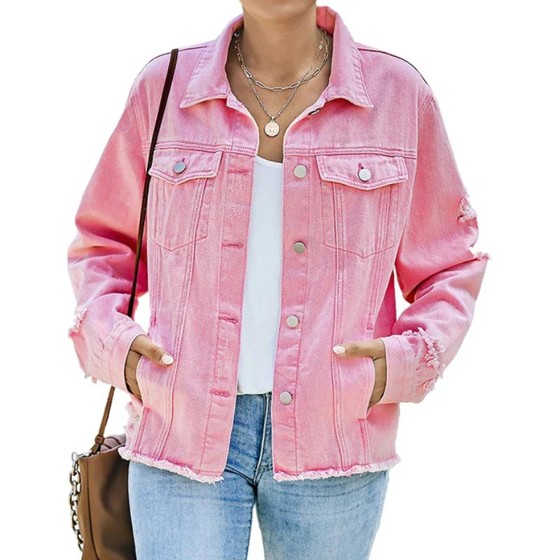 Street-Wave Jane Denim Jacket Distressed Hem For Unisex Style