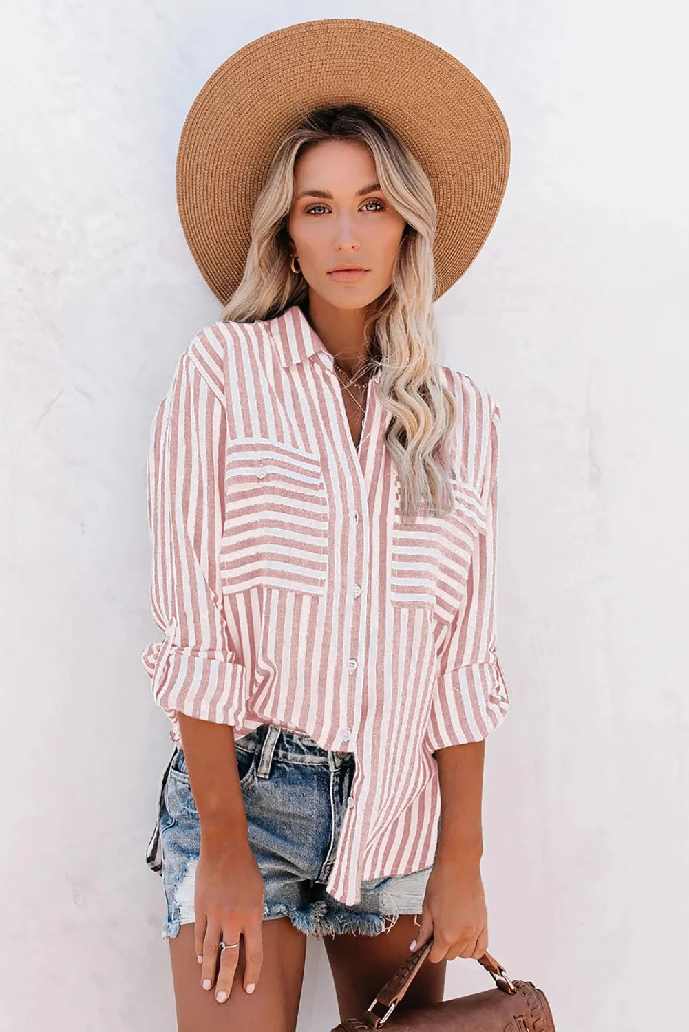 Street Wave Linen Stripe Button Front Blouse For Women Breathable Lightweight Summer Essential