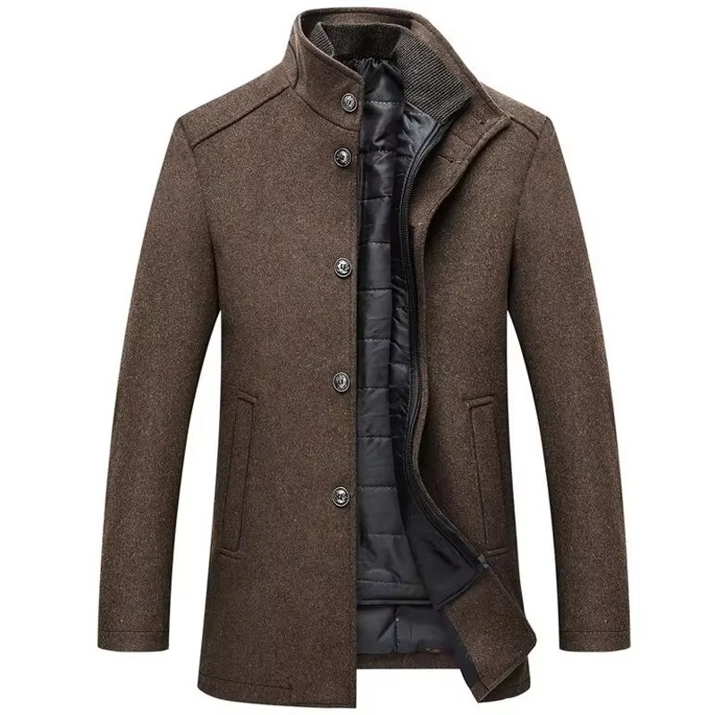 Street-Wave Mens Navy Long Wool Coat With Stand Collar And Detachable Vest For Winter Warmth
