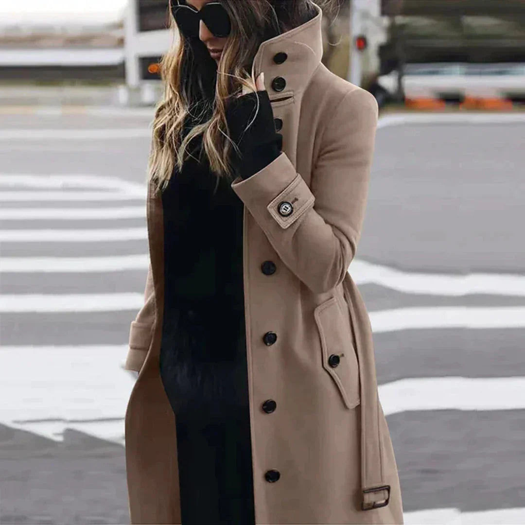 Street-wave Womens Double Breasted Trench Coat With Belt And High Collar Elegant Tailored Look