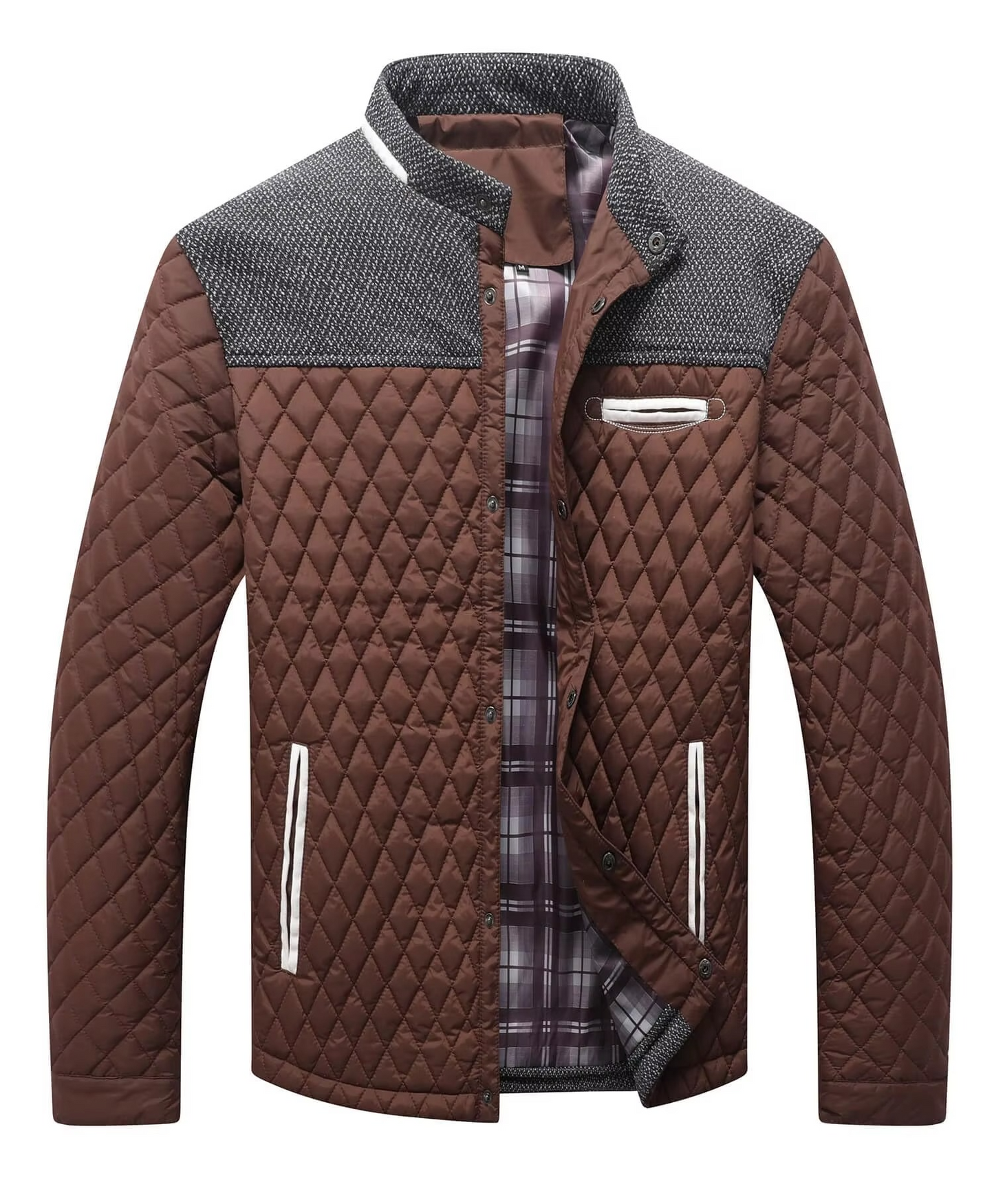 Street-Wave Men's Diamond Quilted Lightweight Bomber Jacket Overshirt With Contrast Grey Yoke And Pockets
