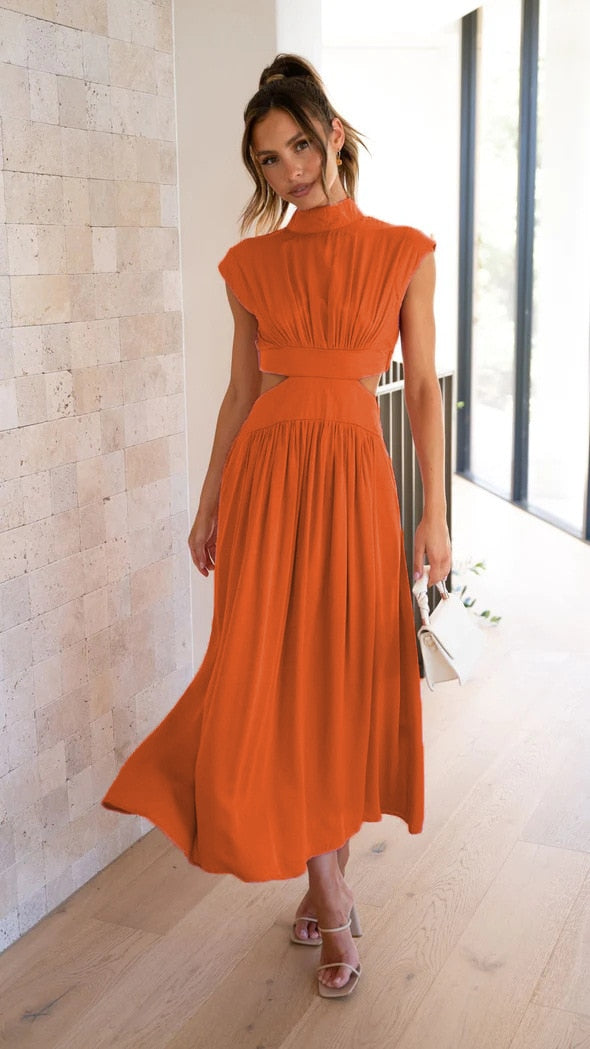 Streetwave Green Pleated Cutout Maxi Dress For Women With Elegant High Neck And Flowing Skirt
