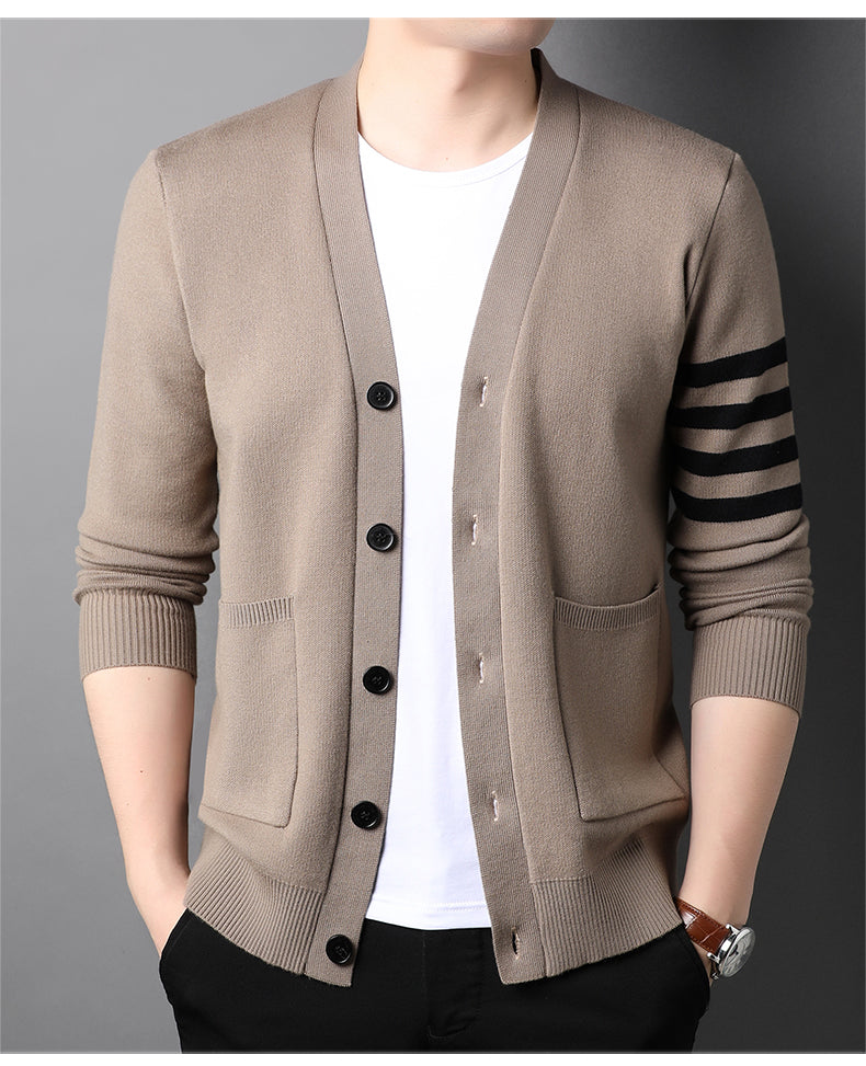 Street-wave Men's Transitional Pullover Knit Cardigan With Striped Sleeve Detail