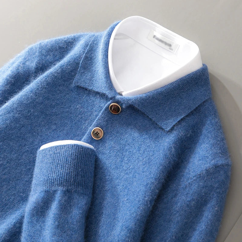 Nordisk Flair Mens Pullover Sweatshirt Wool Knit Relaxed Fit Polo Collar Button Detail