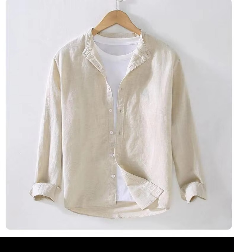 Street-Wave Men's Vintage Linen Stand Collar Long Sleeve Shirt Lightweight Breathable Button Up M To 3XL