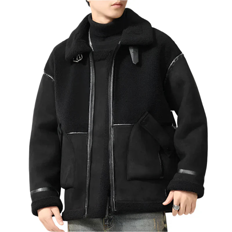 Street-Wave Aviator Jacket Hunter Warm Shearling-Lined Flight Coat For Men Classic Bomber Style With Rugged Leather Panels