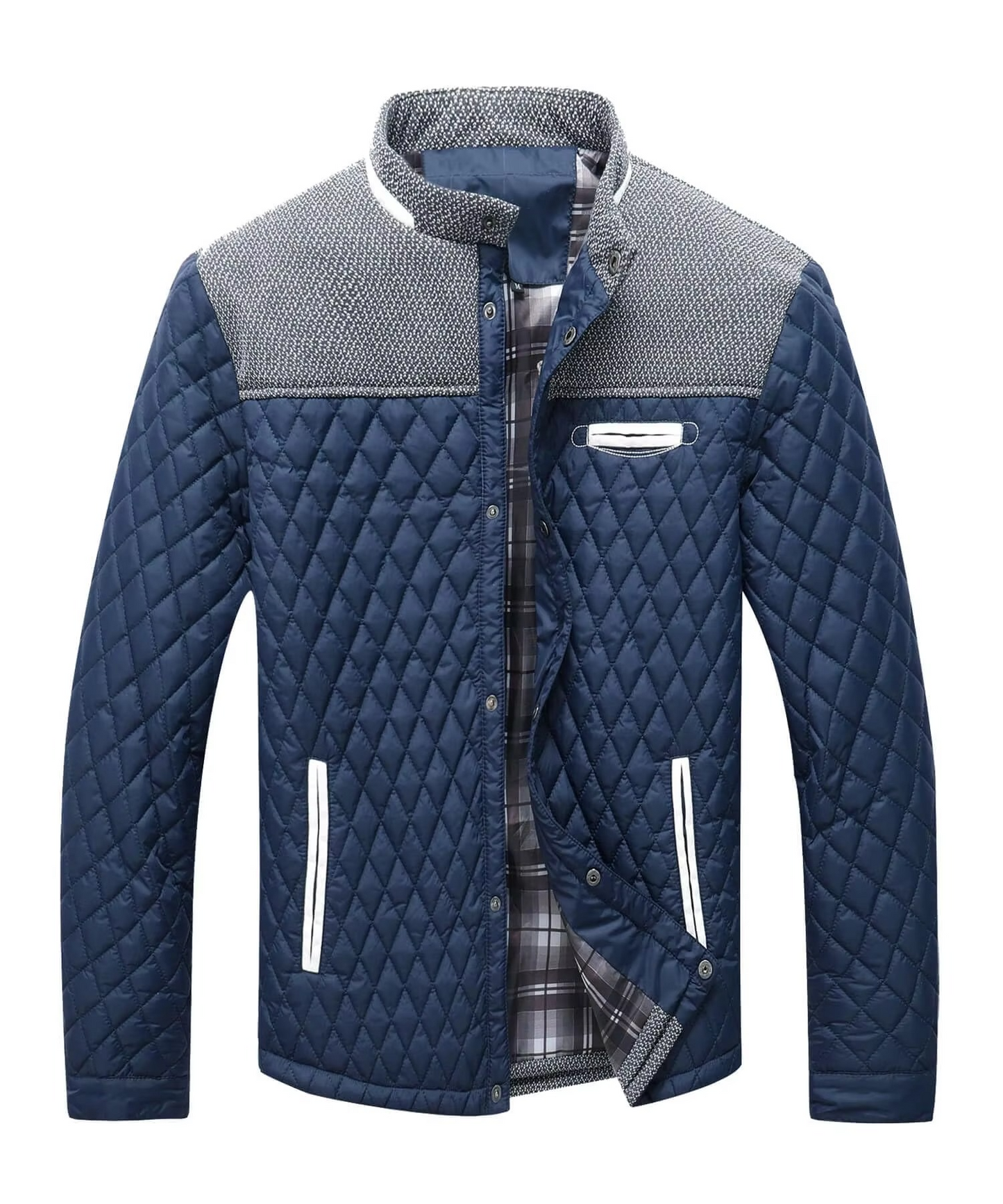Street-Wave Men's Diamond Quilted Lightweight Bomber Jacket Overshirt With Contrast Grey Yoke And Pockets