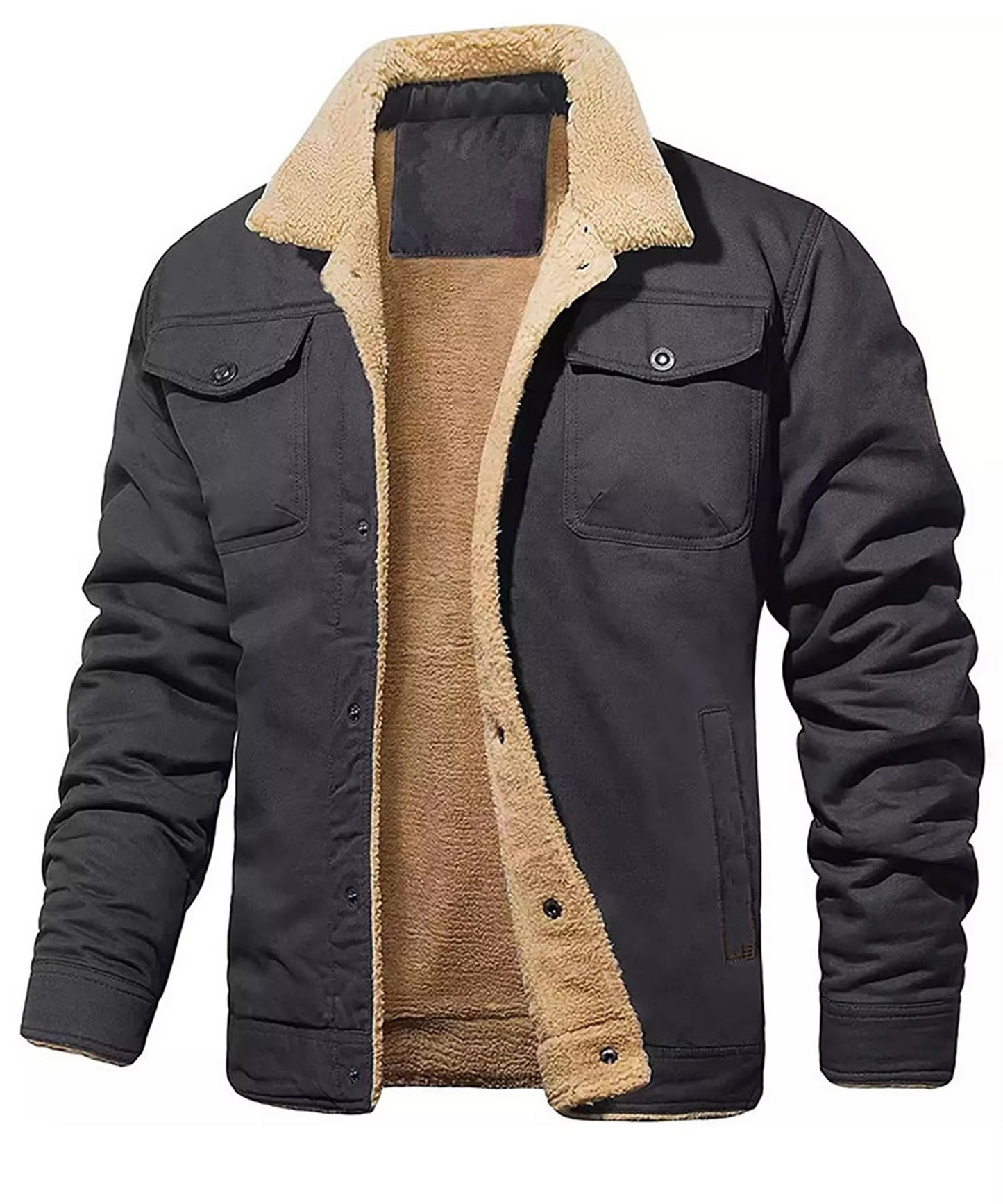 Men's Winter Faux Shearling Lined Parka Windproof Button Up Coat With Pockets Black