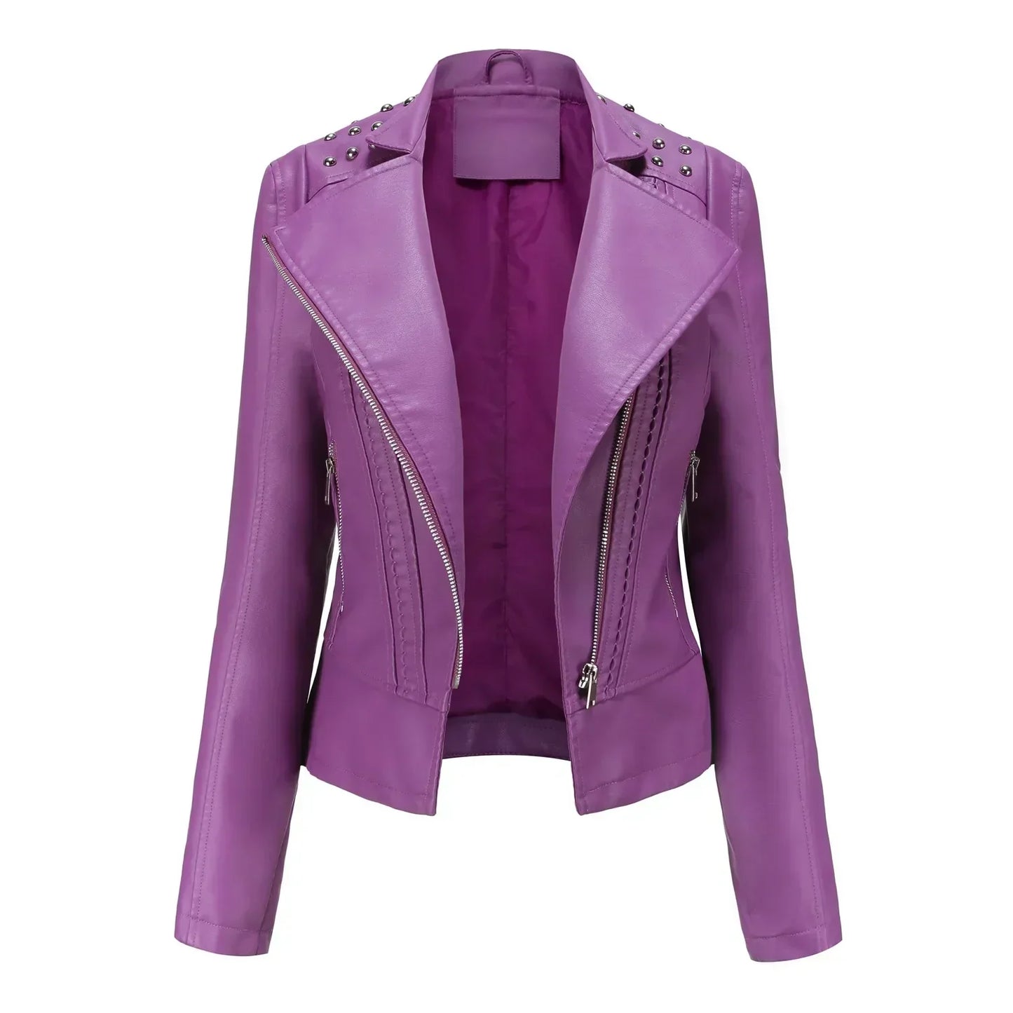 Street-wave Women Leather Motorcycle Jacket Vintage Purple Studded Shoulders Breathable Tailored Fit