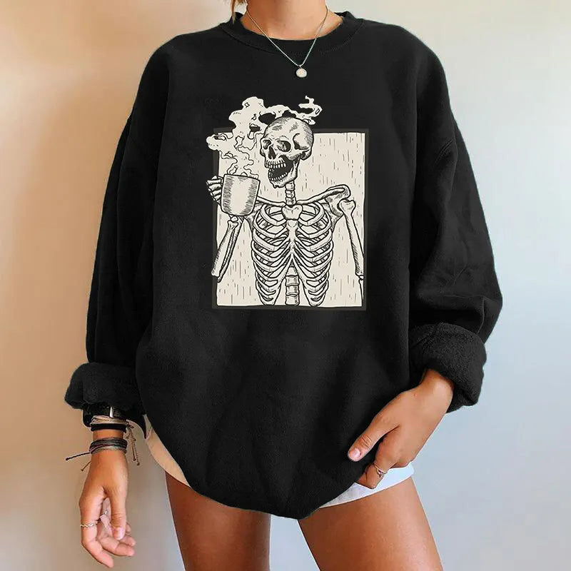 Street-Wave Lilac Halloween Sweatshirt Cozy Loose Fit Graphic Skeleton Print For Autumn Party Goers