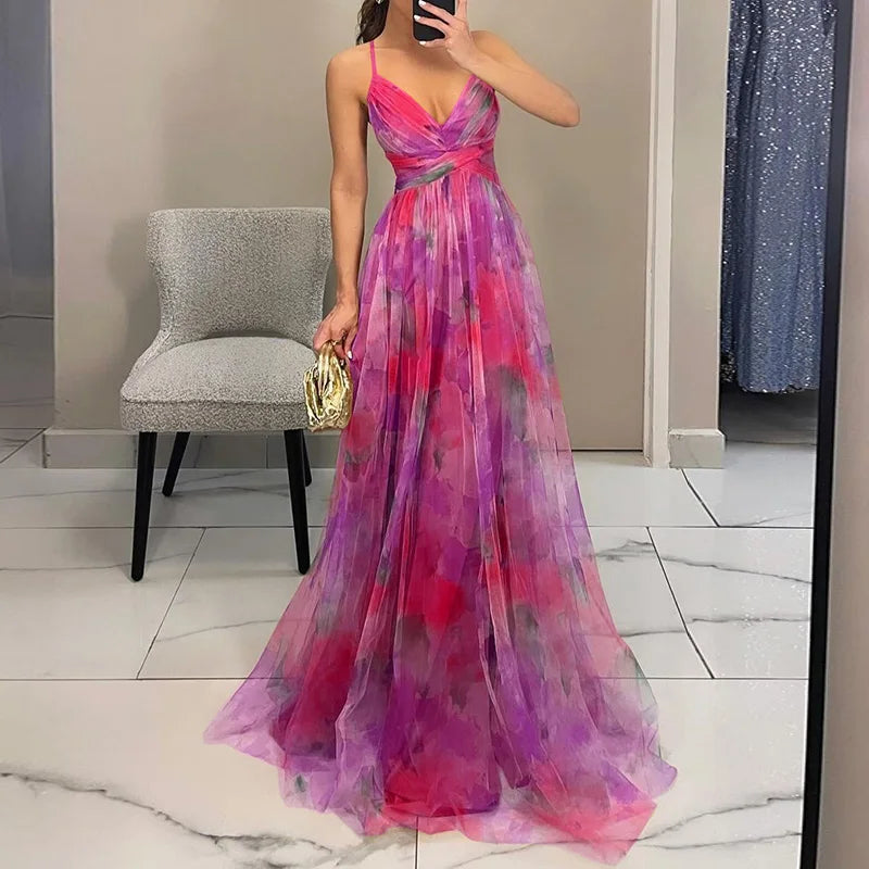 Street Wave Ruby Floral Maxi Dress Airy Pleated Chiffon For Wedding Guests