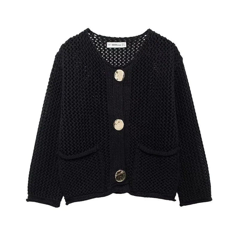 Street-wave Mesh Knit Cardigan With Front Pockets Gold Buttons Airy Chic Layer For Women