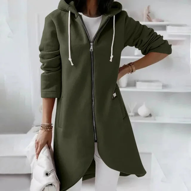 Street Wave Cozy Hooded Cardigan With Curved Hem And Double Pockets For Women Cotton Blend Comfort
