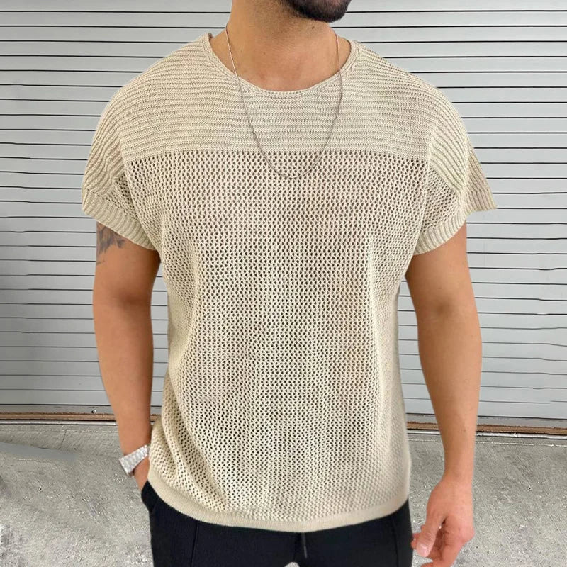 Street-Wave Mesh Vibe O Neck Knit Tee For Men Breathable Lightweight Streetwear Summer Shirt