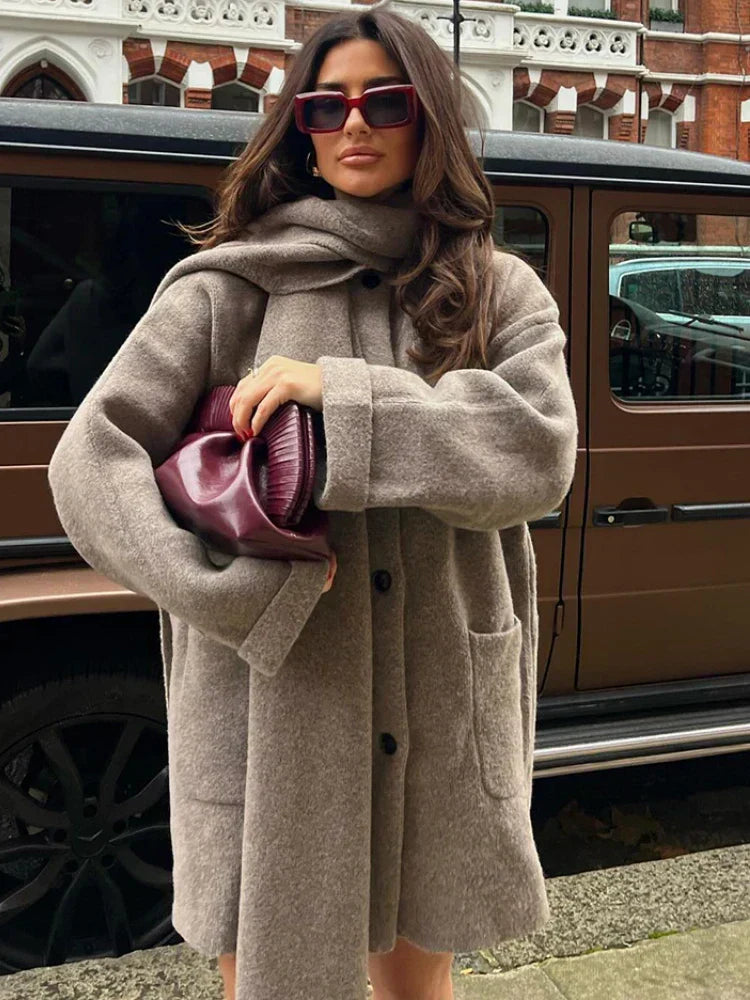 Street-wave Wool Coat With Scarf For Women Luxurious Warmth, Cozy Oversized Chic
