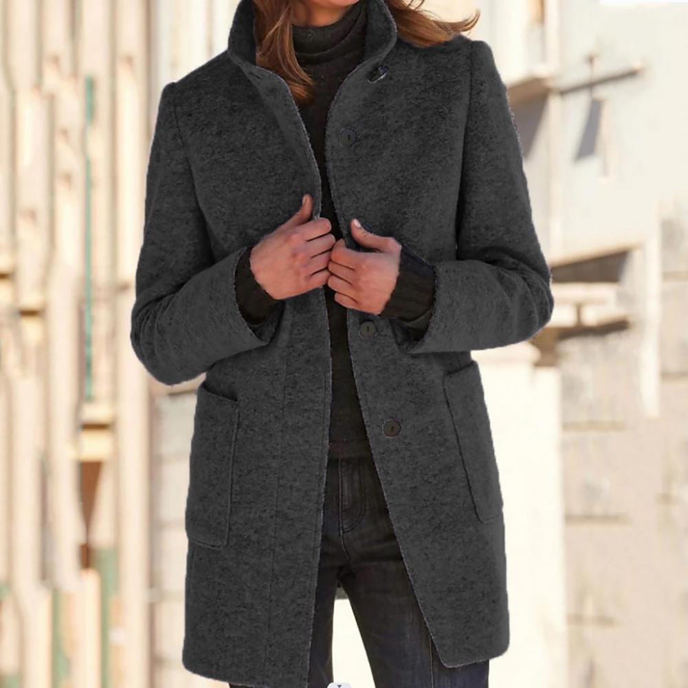 Street-Wave Long Stand Collar Coat For Women Elegant Warm Polyester Jacket With Comfort