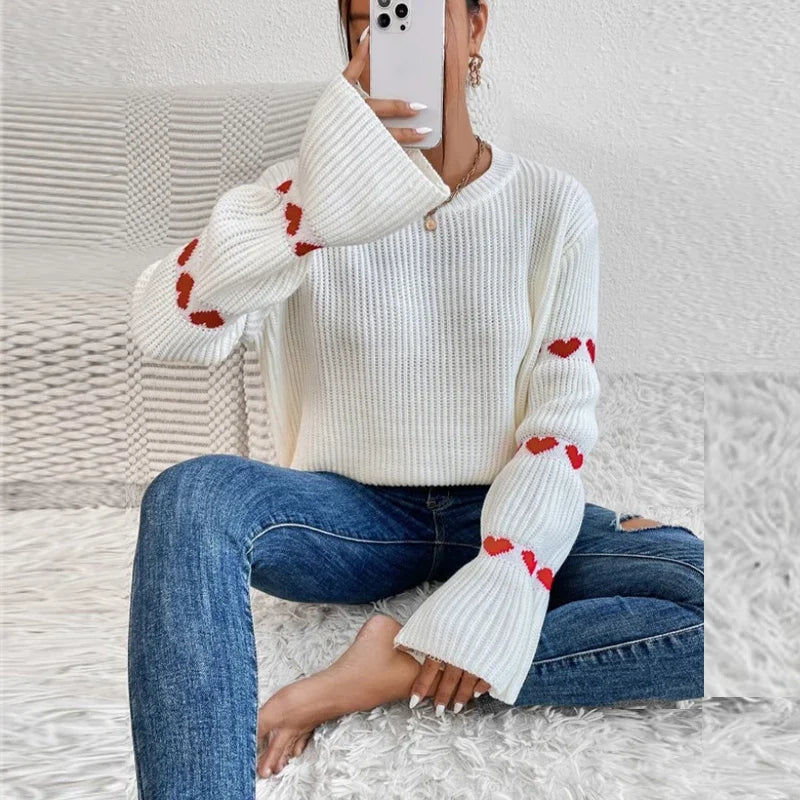 Street-wave Pink Floral Knit Sweater For Women, Chic Cozy Pullover With Elegant Comfort