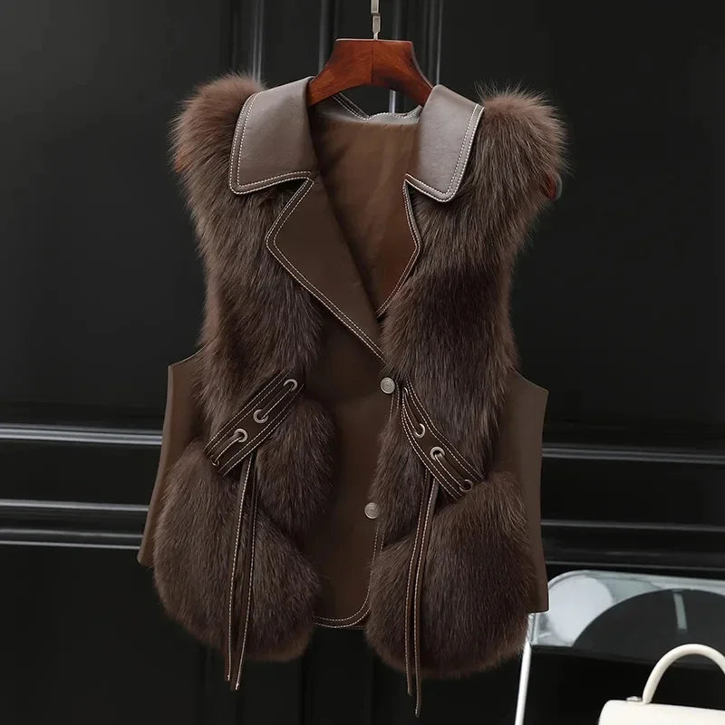 Clara Regular Fit Fur Trim Tie Detail Fur Vest | Collared Sleeveless Fur Vest