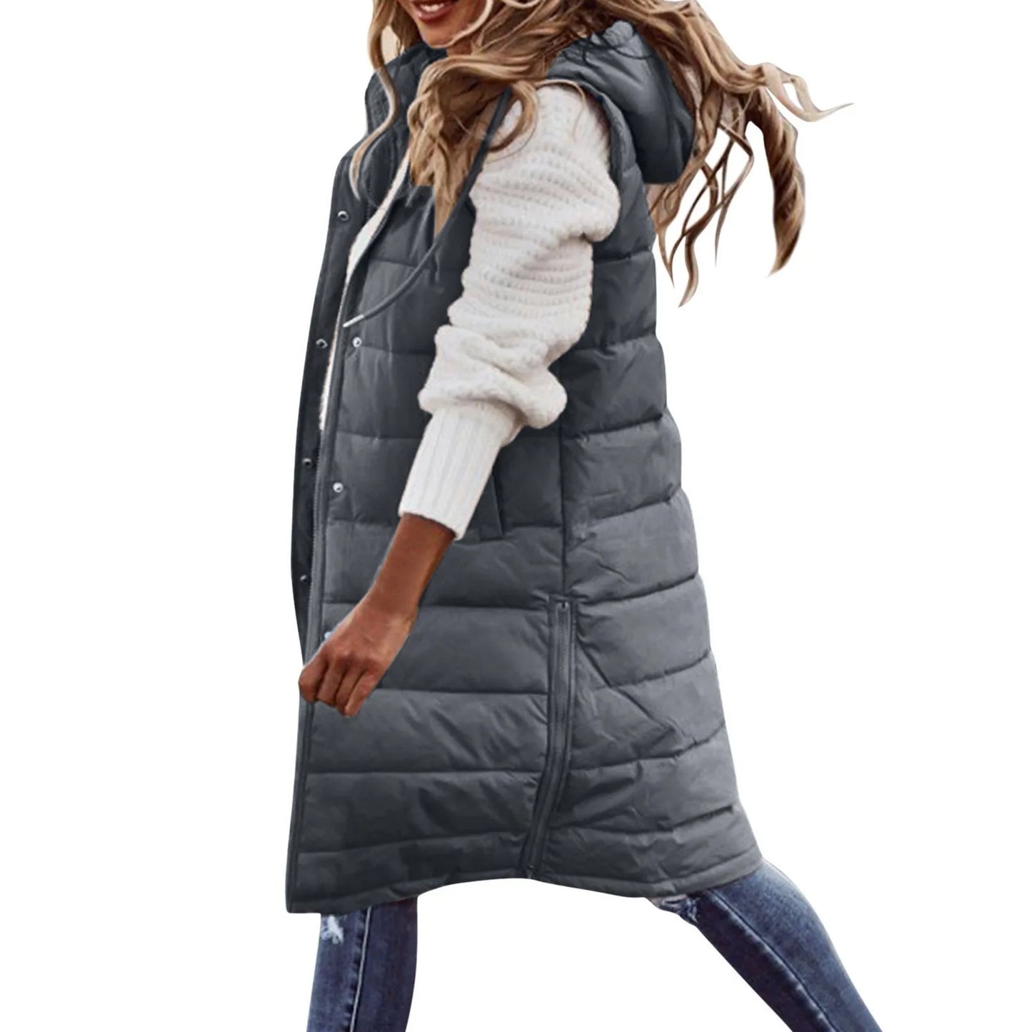 Streetwave Puffer Vest With Hood For Women Cozy Warm Longline Polyester Coat Trendy