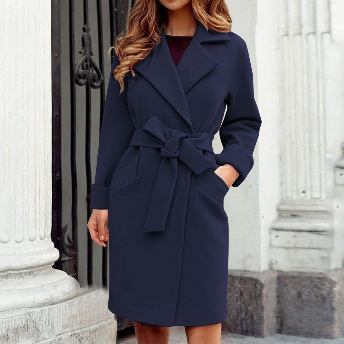 Street Wave Women Wrap Coat Belted Waist Knee Length With Elegant Lapel Collar For Stylish Professionals