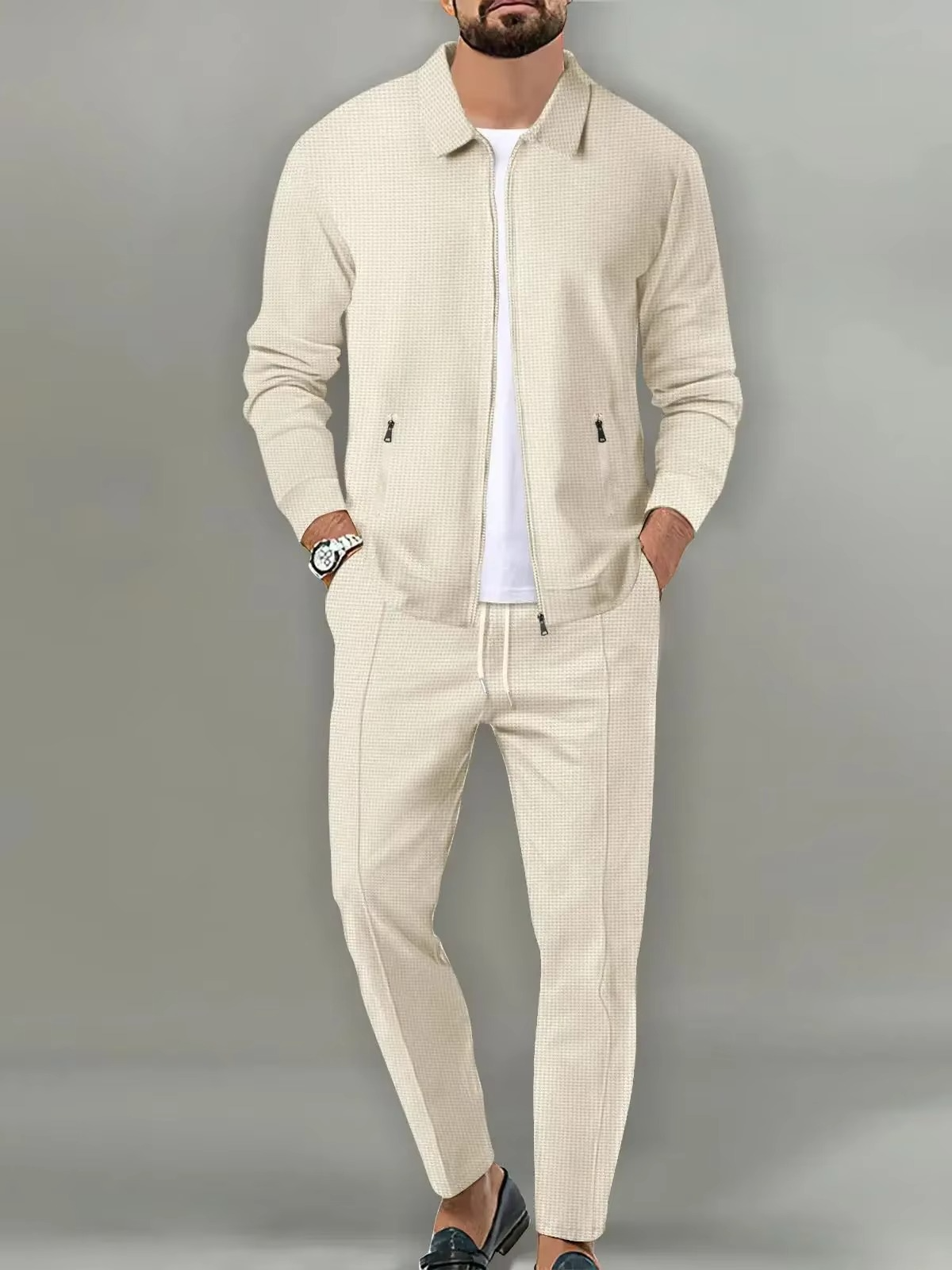 Street-Wave Mens Two Piece Long Sleeve Polo Jacket Shirt With Matching Drawstring Pants Set For Everyday Comfort