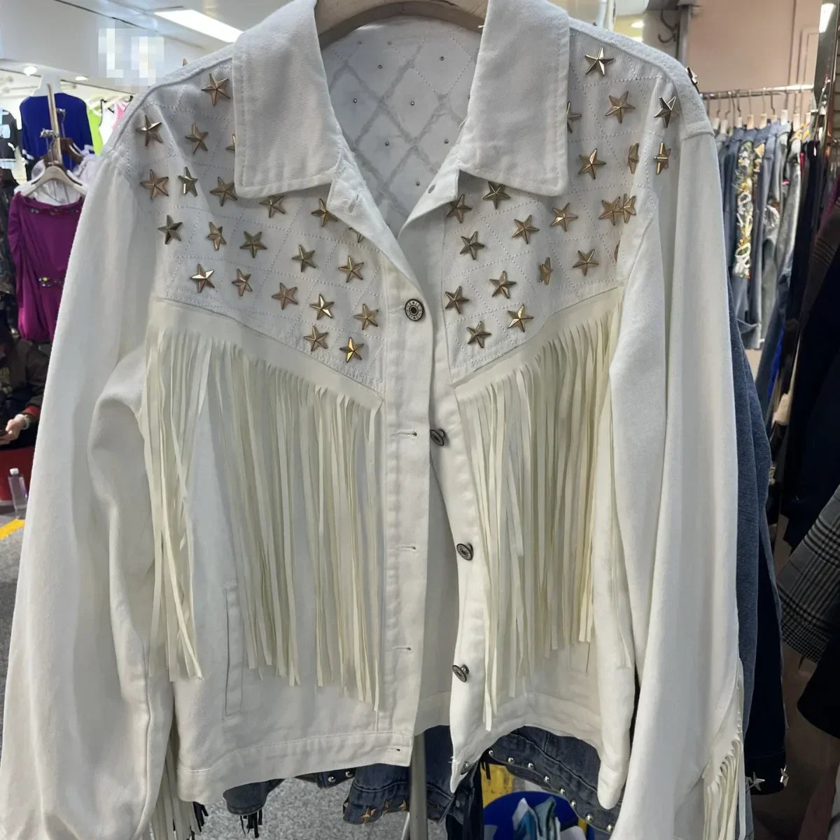 Street Wave Denim Fringe Jacket With Studded Yoke And Rolled Collar For Fashionable Women Seeking Urban Edge And Comfort