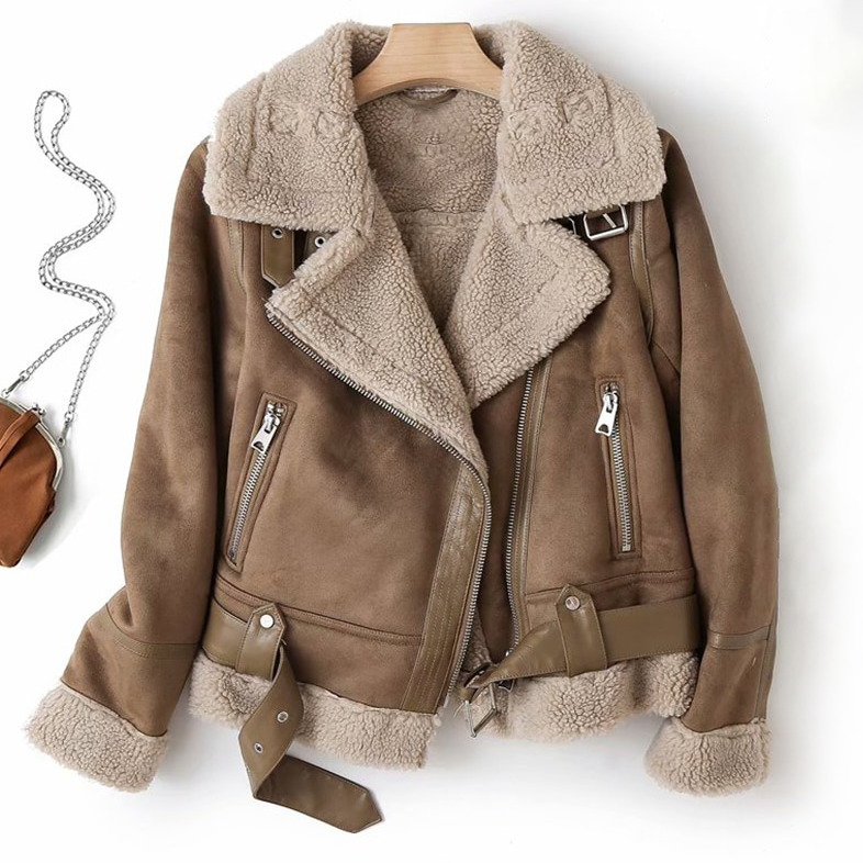 Street-Wave Women's Short Shearling Bomber Jacket With Collar And Pockets Warm Lined
