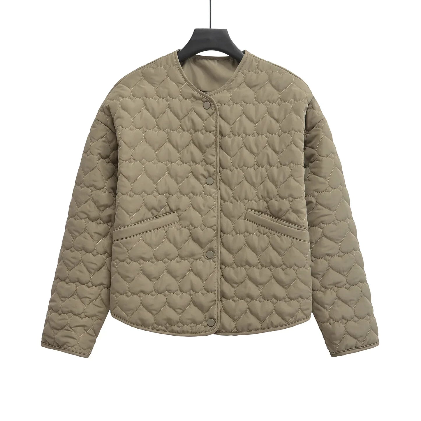Street-wave Heart Quilted Jacket For Women Lightweight Puffer With Snap Buttons Cozy Modern Heart Pattern