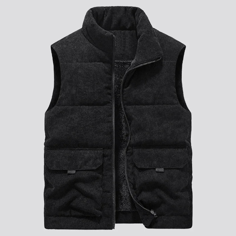 Street-wave Corduroy Puffer Coat With Plush Fur Lining Stand Collar For Men Warm Winter Style