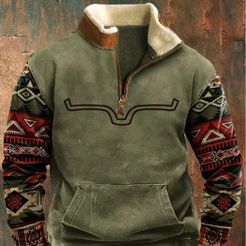 Men's Retro 3D Printed Hooded Jacket With Leather Collar And Zipper Closure For Cold Weather