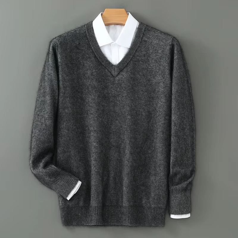Street-Wave Men's Winter Cashmere Blend V Neck Sweater Loose Fit Plus Size Knitted Pullover For Warmth