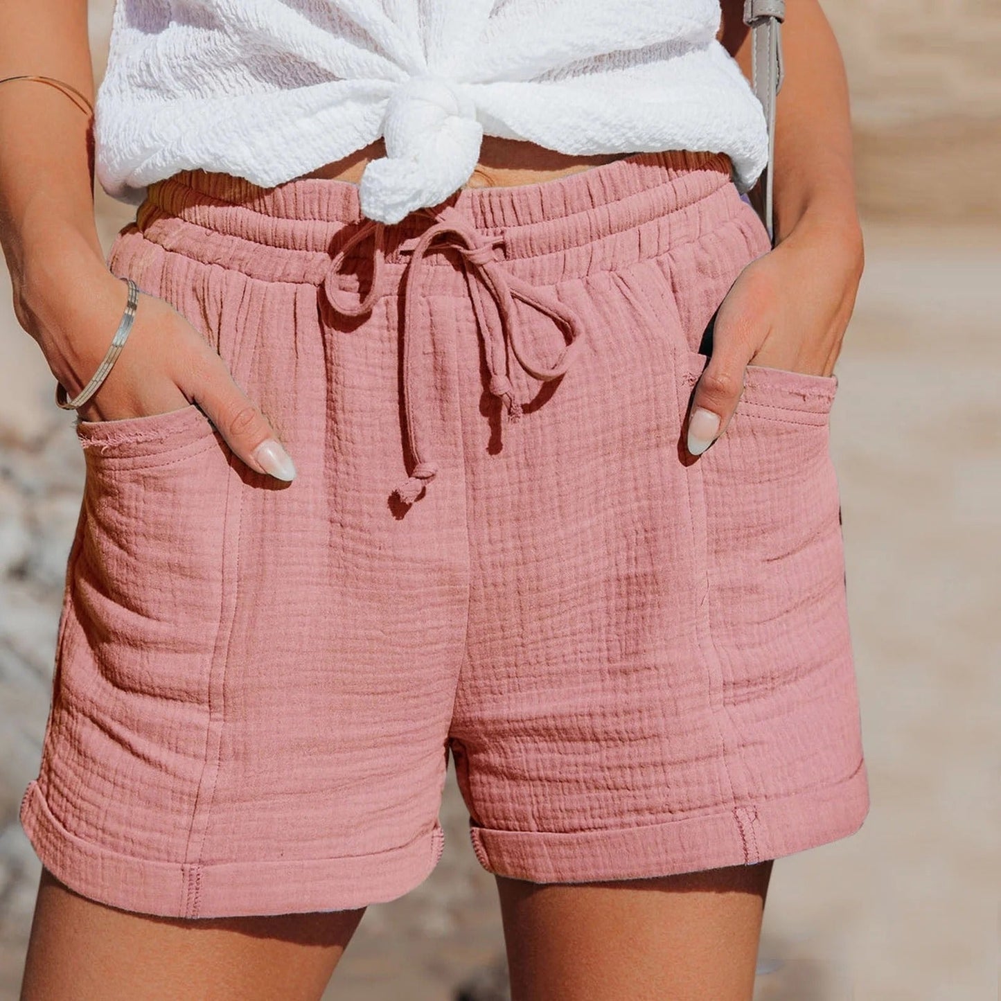 Women's Shorts - Relaxed Fit - Elastic Waist with Drawstring - Textured Cotton