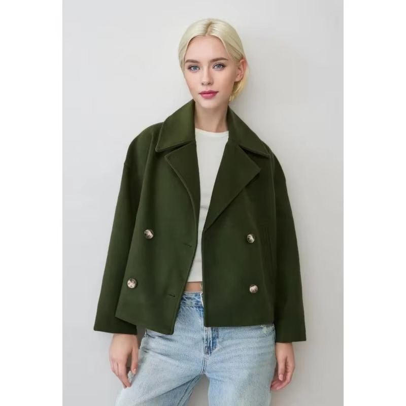Women's Autumn Short Wool Blend Coat with Double Button Front and Turn-Down Collar