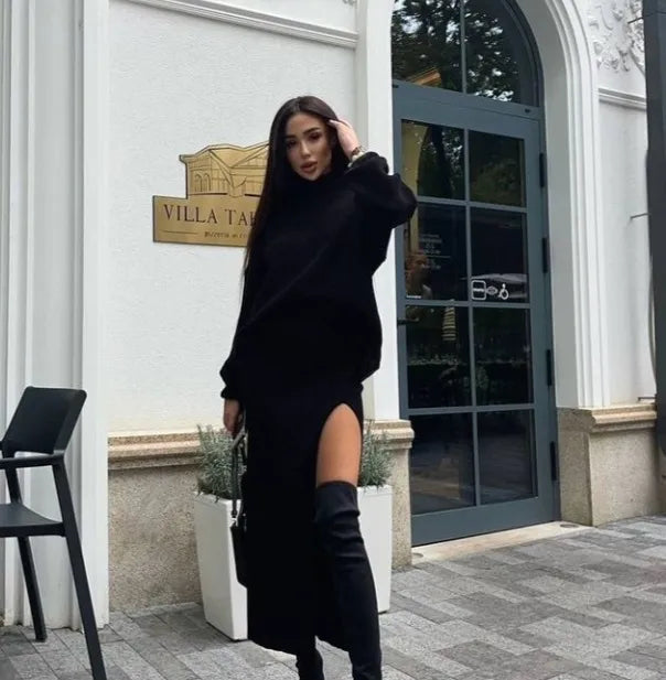 Street-wave Luxury Knit Sweater Set With Turtleneck And Slit Skirt For Chic Women