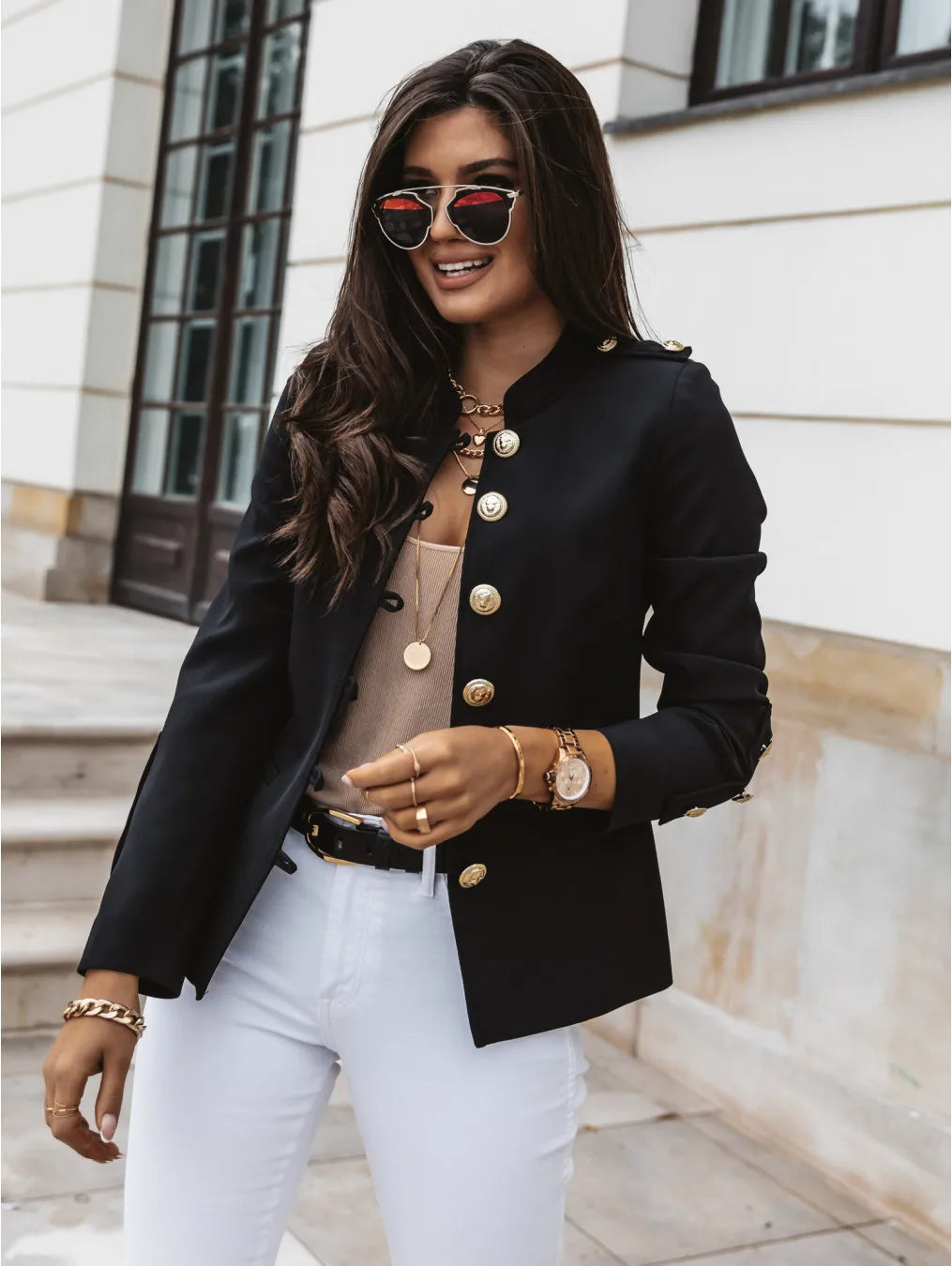 Street-Wave Luxury Blue Jacket For Elegant Women With Gold Button Blazer Premium Comfort And Style