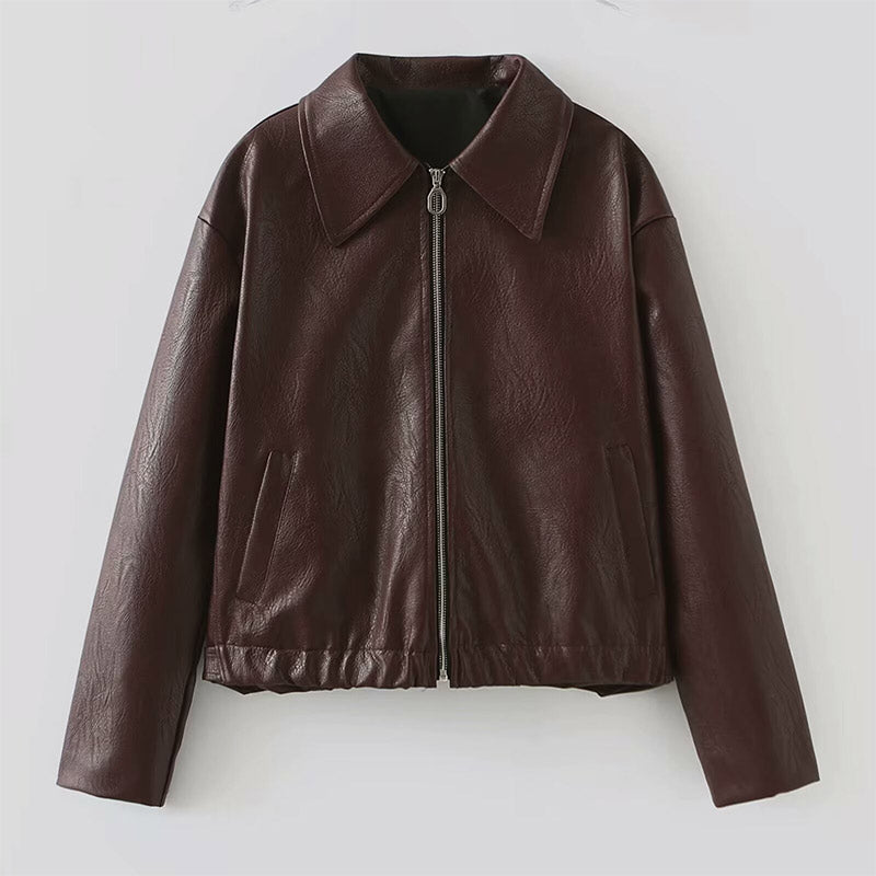 Street-wave Womens Faux Leather Jacket With Zipper Front For Modern Women Chic Everyday Wear