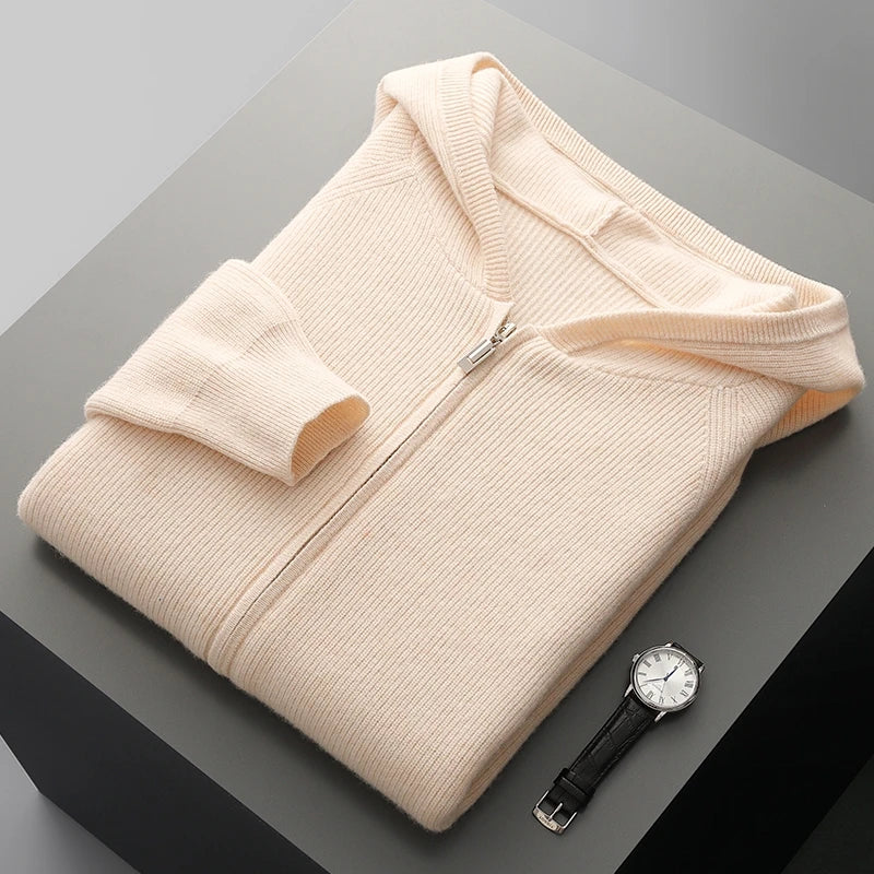 Renlow 100 Percent Wool Zip Up Hoodie For Men Thick Heavyweight Knit With Structured Hood