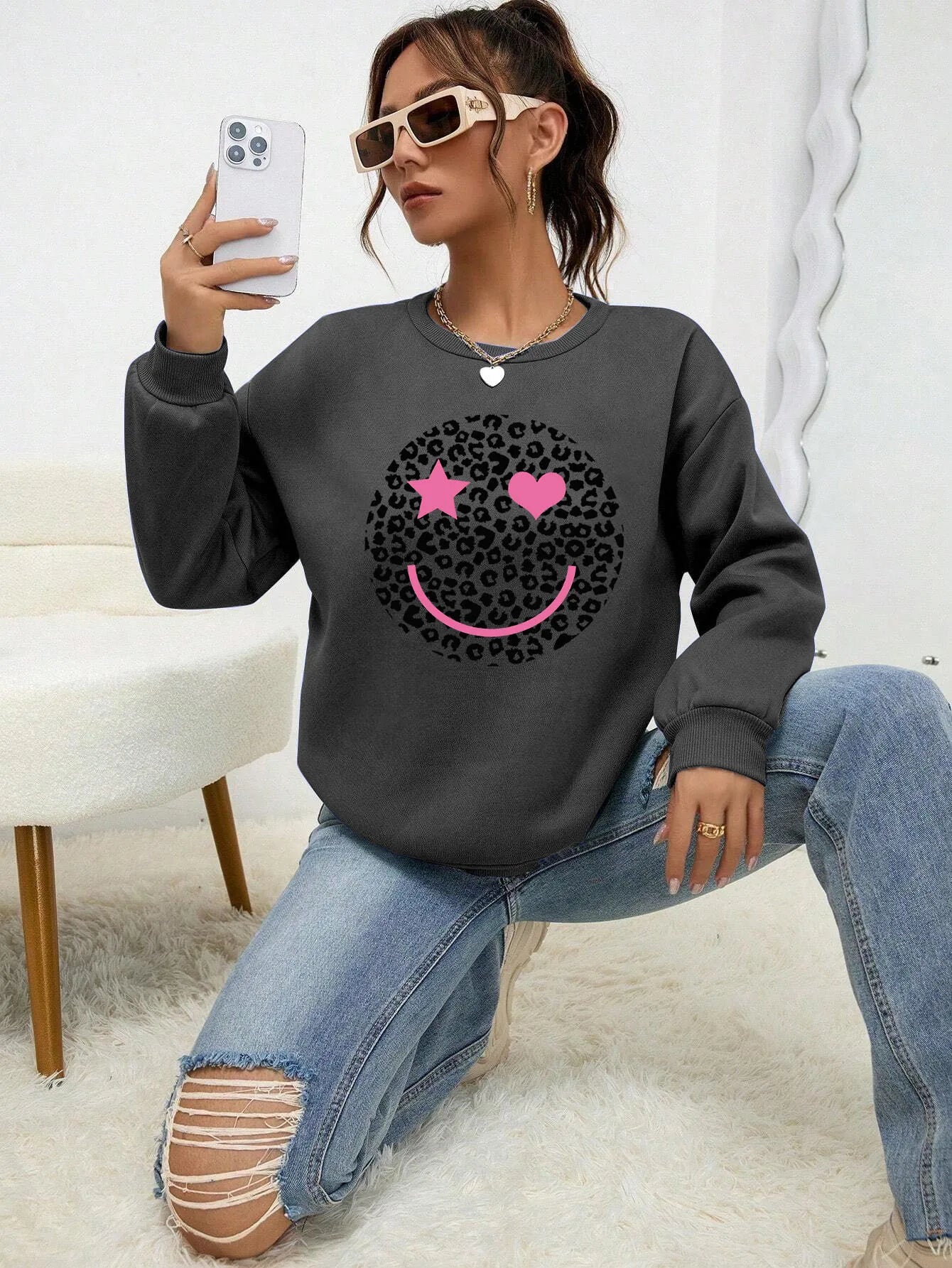 Street-wave Leopard Print Sweatshirt For Women Cotton Blend Comfortable Trendy Everyday Wear
