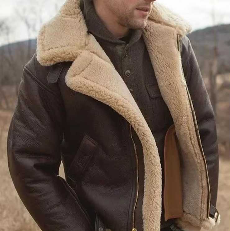 Men's Faux Leather Autumn Winter Coat With Warm Lining And Zippered Pockets For Everyday Style