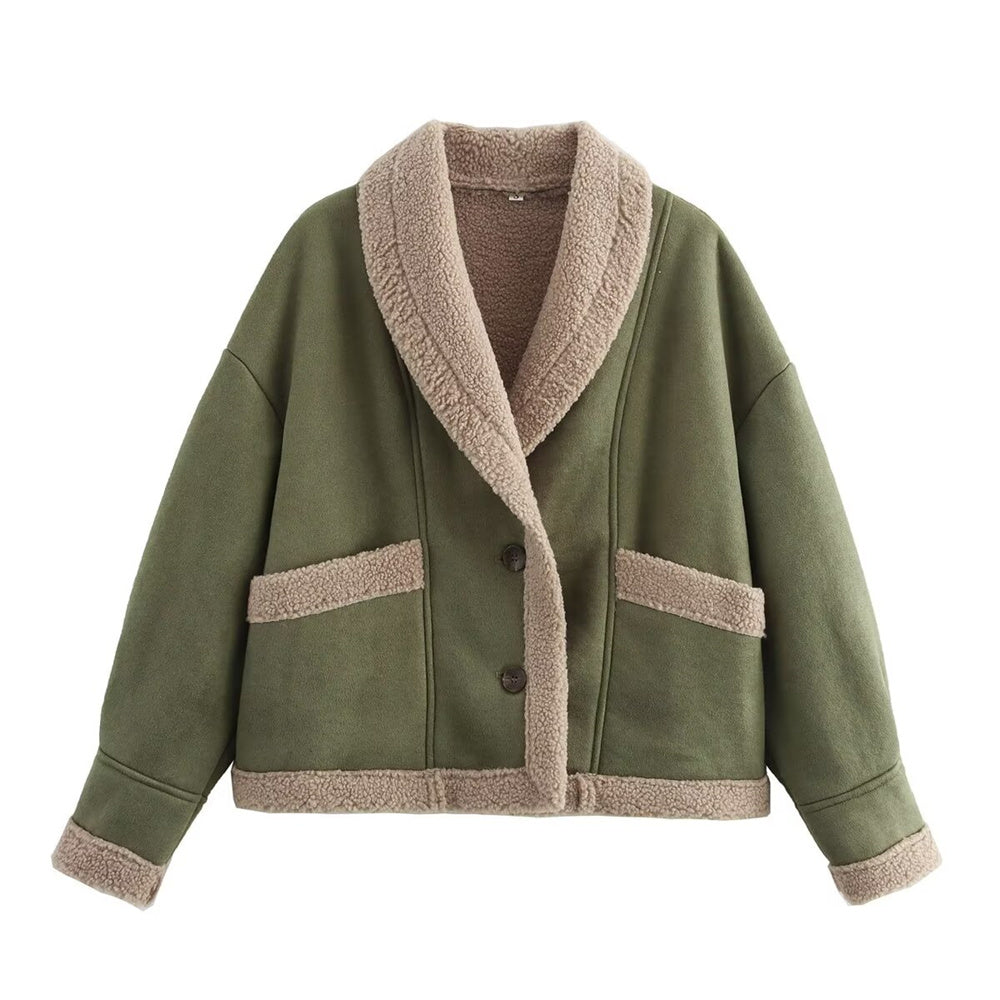 Street-Wave Womens Winter Chic Suede Jacket With Shearling Lining And Pockets For Warmth