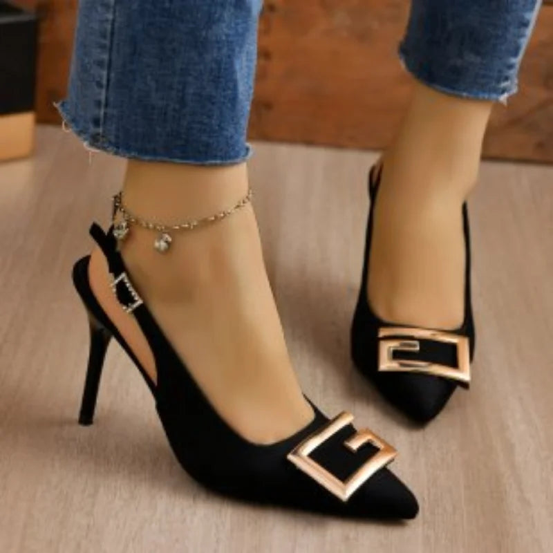Street-wave Navy Blue High Heels Sandals With Gold Buckle Womens All Day Comfort Mid Heel Pumps