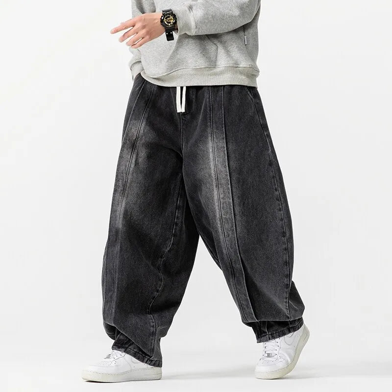 Street-Wave Japanese Oversized Jeans - Dramatic 90s Baggy Fit With Pleated Front Seams And Adjustable Drawstring Waist