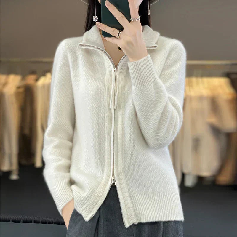 Streetwave Wool Cardigan With Double Zipper And High Collar For Women Soft And Elegant Everyday Wear