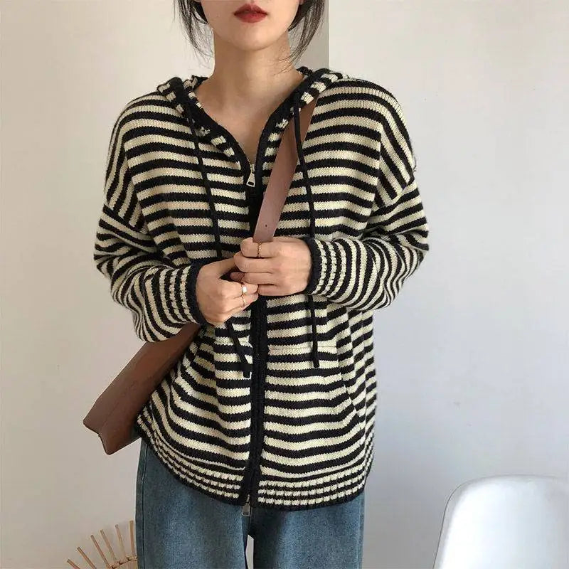 Street-wave Womens Striped Zip Hoodie Cozy 100 Percent Cotton Knit Breathable Everyday Warmth
