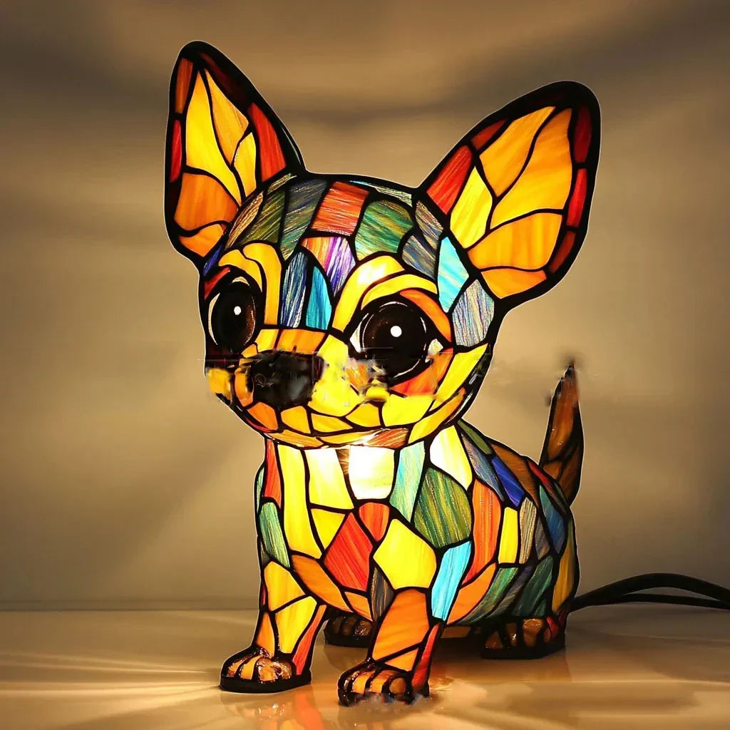Art Nouveau Stained Glass Cat and Dog Table Lamp